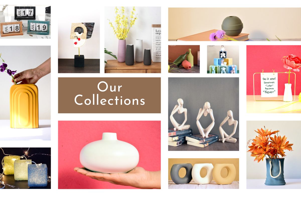Different types of decorative vases for Indian home décor including ceramic, glass, terracotta and metal vases styled in modern interiors