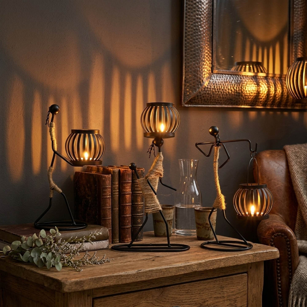 Handcrafted tribal lady metal candle holder with jute wrapping and matte black finish, holding a flickering tea light candle on a rustic wooden table