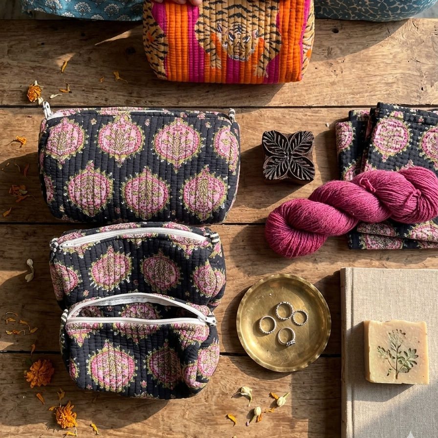 Blue Handblock Printed Quilted cotton Pouch Set of 3