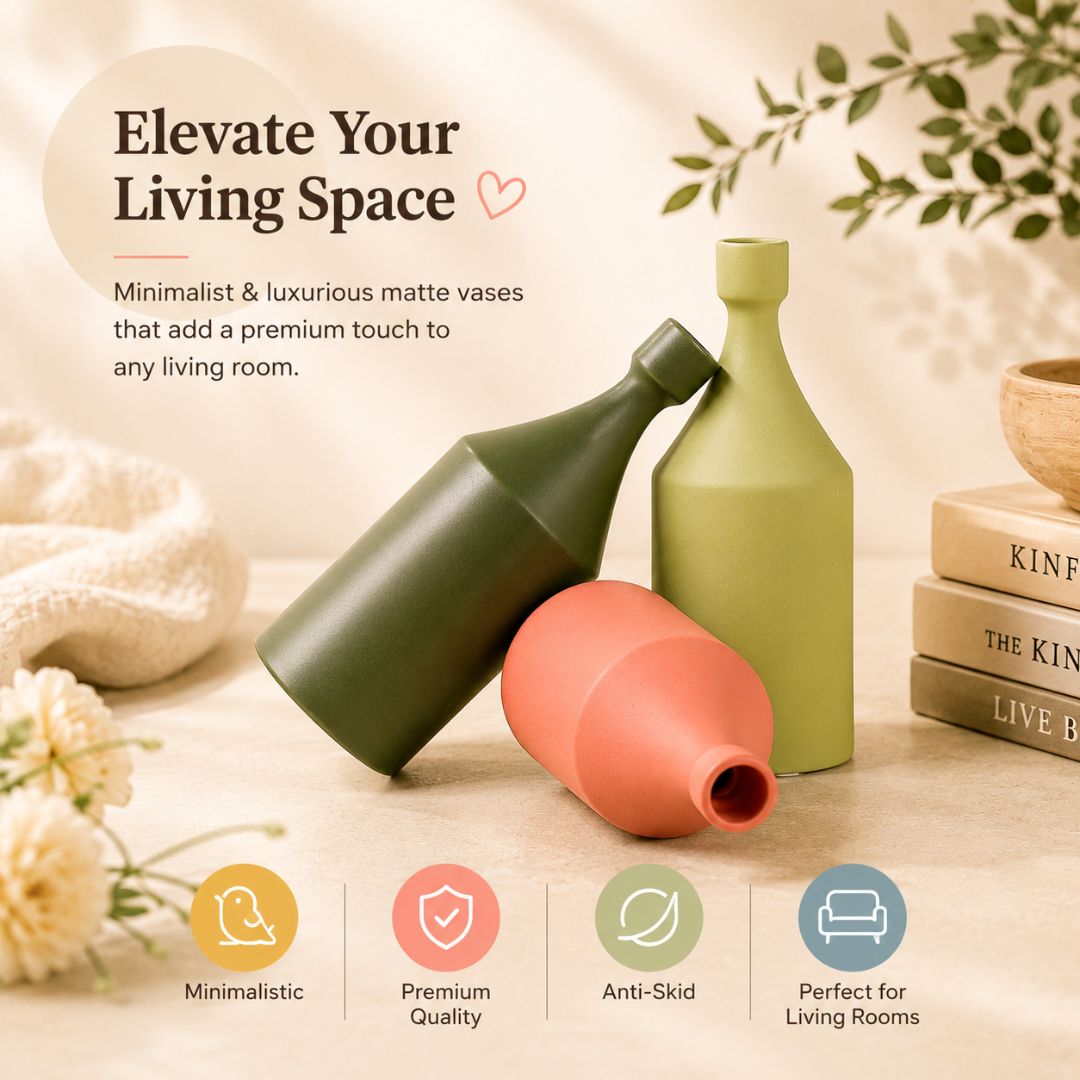 Three colorful vases on a surface with text describing their features and benefits.