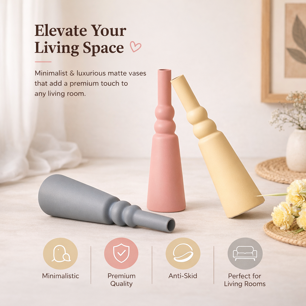 Three matte vases in pink, beige, and gray on a light surface with text describing their features.
