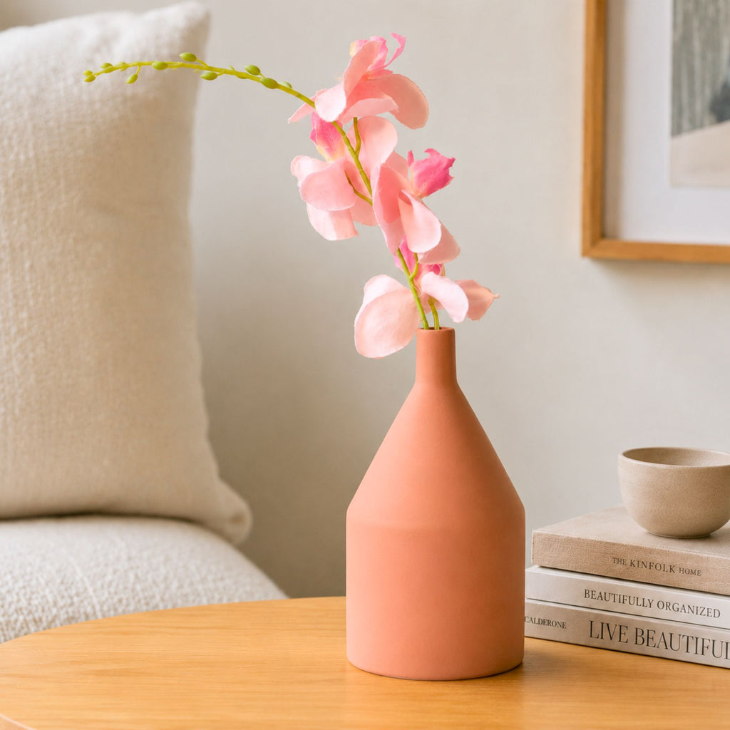 Elegant classic ceramic flower vase with red flowers for modern home décor