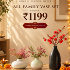 A promotional banner for Morcee Home Decor featuring a Diwali festive offer for an all family vase set. The image showcases three ceramic vases of different shapes and colors (two white, one black) holding pink and red flowers, arranged on a wooden table with candles and marigolds in a warm, decorated home interior.