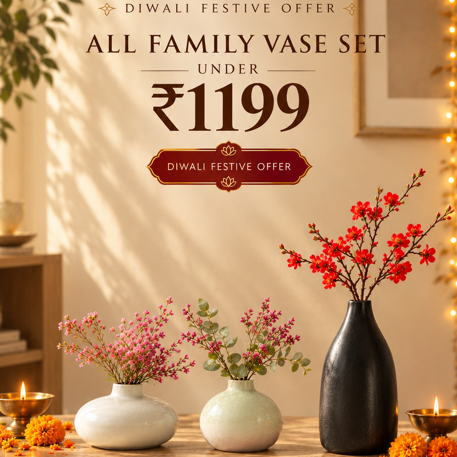 A promotional banner for Morcee Home Decor featuring a Diwali festive offer for an all family vase set. The image showcases three ceramic vases of different shapes and colors (two white, one black) holding pink and red flowers, arranged on a wooden table with candles and marigolds in a warm, decorated home interior.