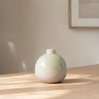 Luxury round ceramic flower vase in minimalist modern design held in hand against vibrant pink background for premium home décor and office styling.
