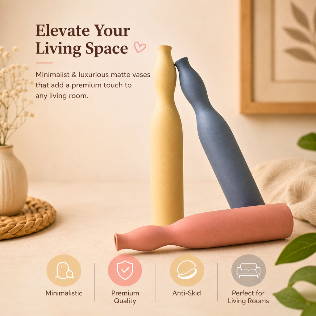 Three matte vases in yellow, blue, and pink on a surface with text and icons highlighting features.