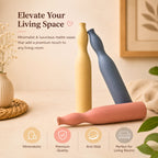 Three matte vases in yellow, blue, and pink on a surface with text and icons highlighting features.