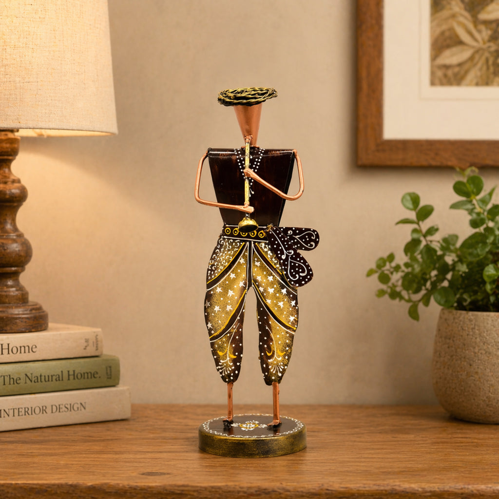 Handcrafted Rajasthani metal musician figurine for home decor, traditional Indian handicraft showpiece for living room decoration
