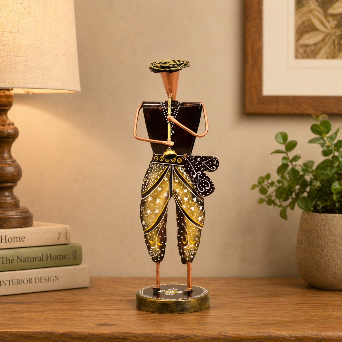 Handcrafted Rajasthani metal musician figurine for home decor, traditional Indian handicraft showpiece for living room decoration