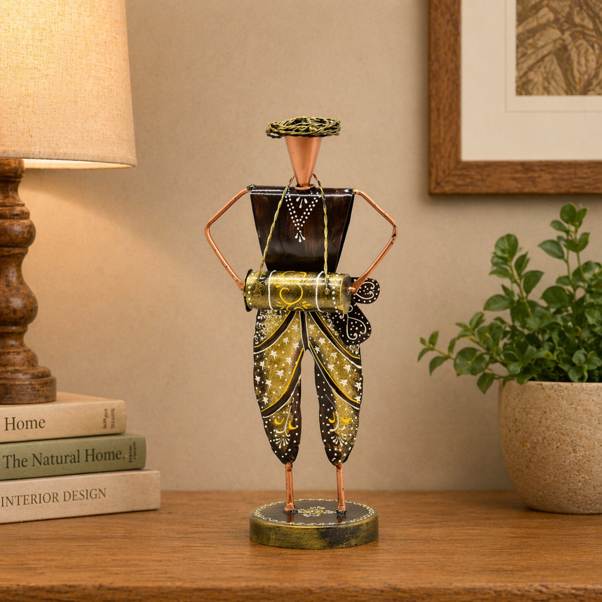 Handcrafted Rajasthani metal musician figurine for home decor, traditional Indian handicraft showpiece for living room decoration
