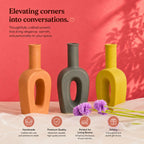 Three colorful vases on a pink background with text about their qualities.