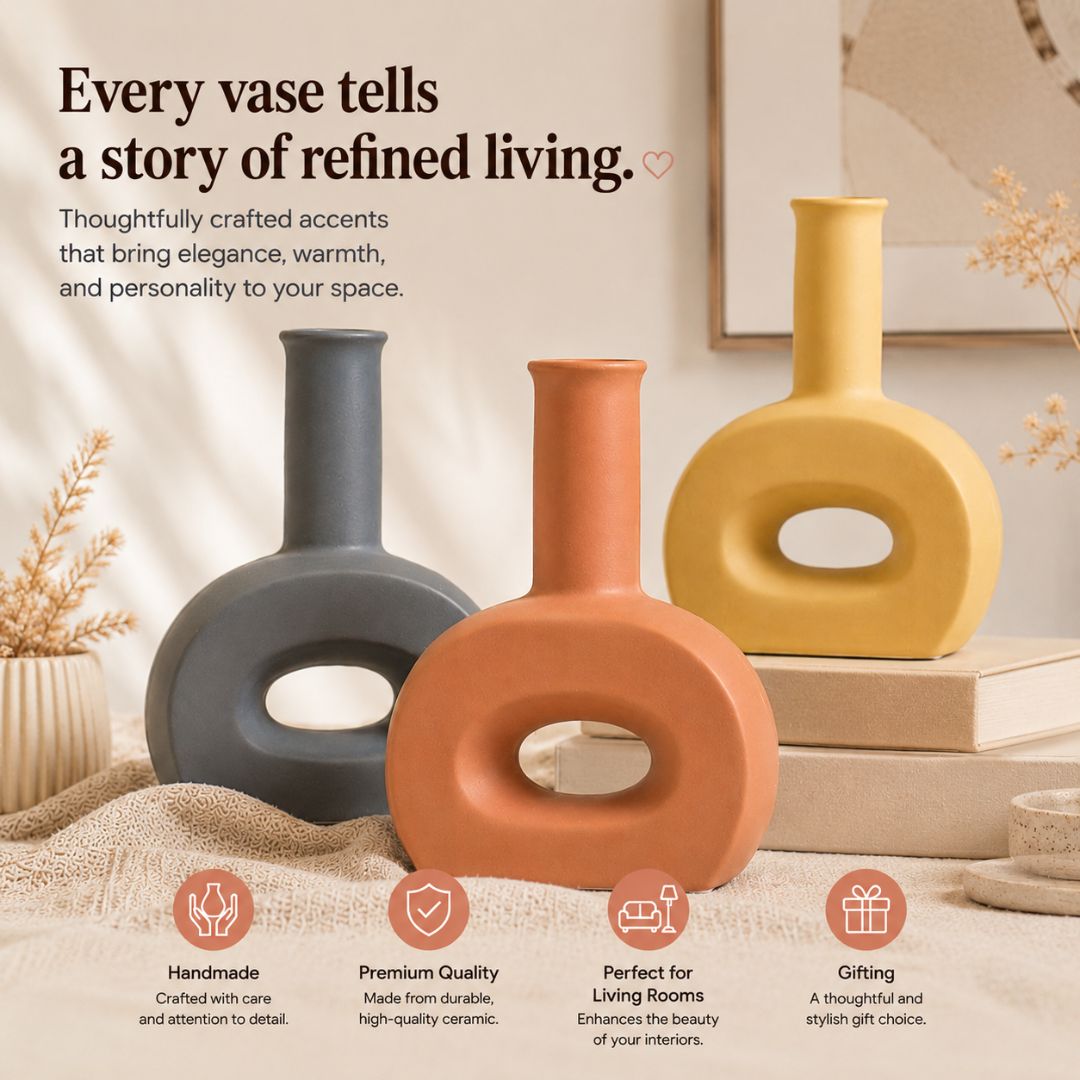 Three decorative vases in gray, orange, and yellow on a neutral background with text about their qualities.
