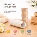 Textured vases on a wooden surface with promotional text and icons.