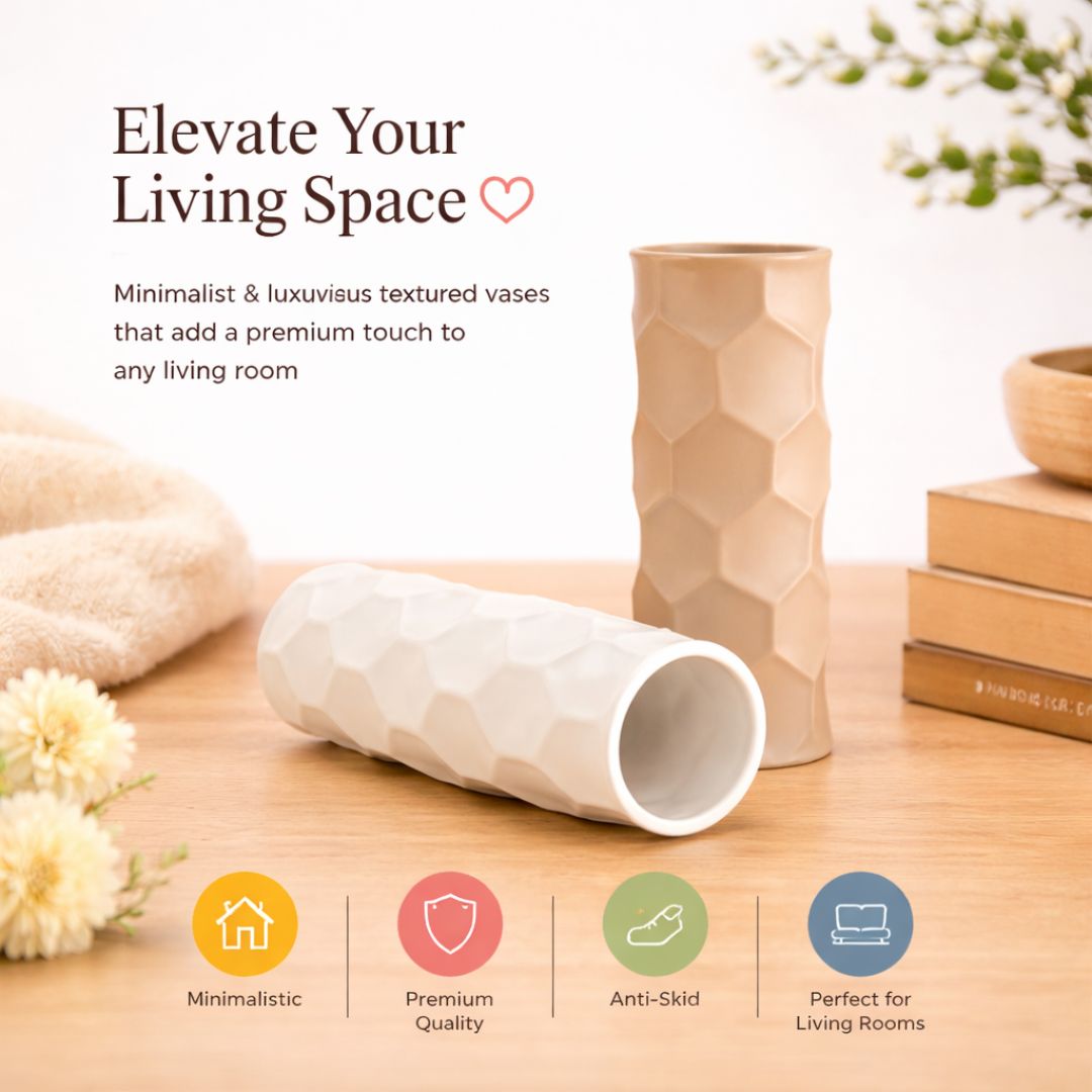 Textured vases on a wooden surface with promotional text and icons.