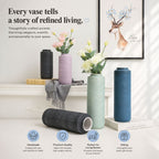 Decorative vases on a shelf with text about refined living and product features.