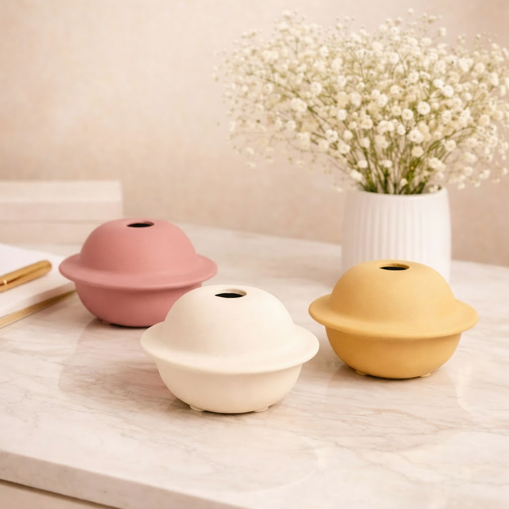 Three ceramic pots in terracotta, white, and yellow on a light surface with a vase of flowers in the background.