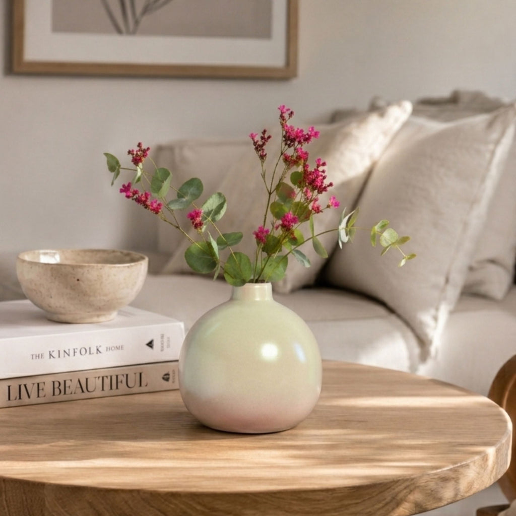Luxury round ceramic flower vase in minimalist modern design held in hand against vibrant pink background for premium home décor and office styling.