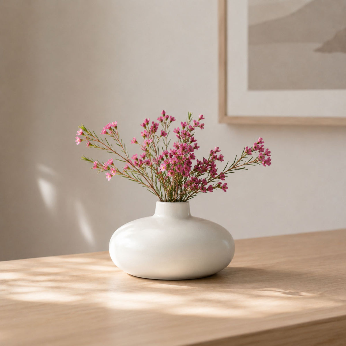 Luxury round ceramic flower vase in minimalist modern design held in hand against vibrant pink background for premium home décor and office styling.
