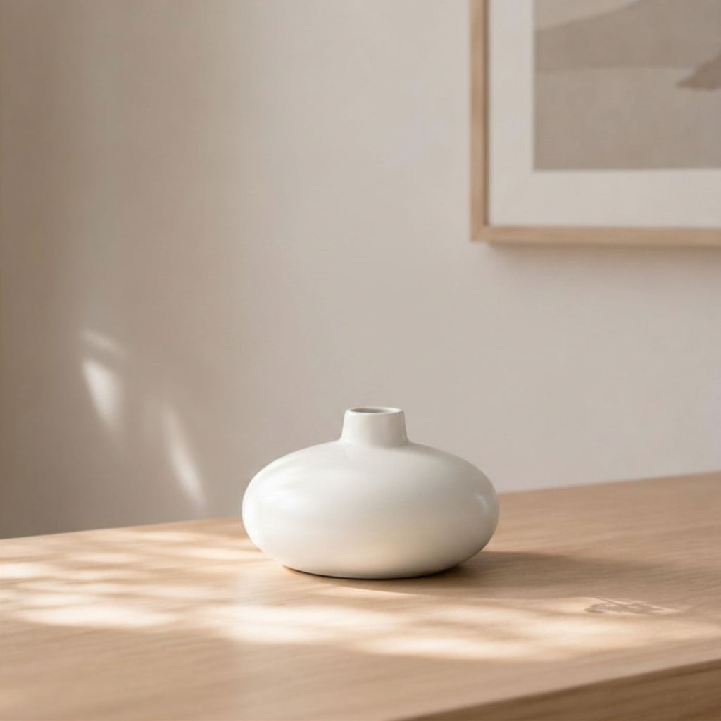 Luxury round ceramic flower vase in minimalist modern design held in hand against vibrant pink background for premium home décor and office styling.