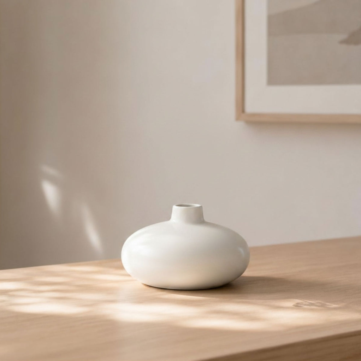 Luxury round ceramic flower vase in minimalist modern design held in hand against vibrant pink background for premium home décor and office styling.
