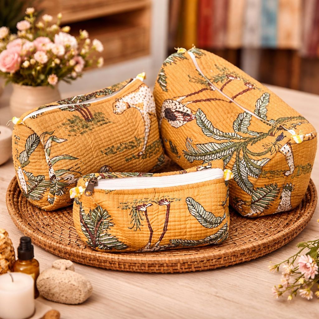 Orange Tropical Print Handmade Cotton Pouch Set of 3