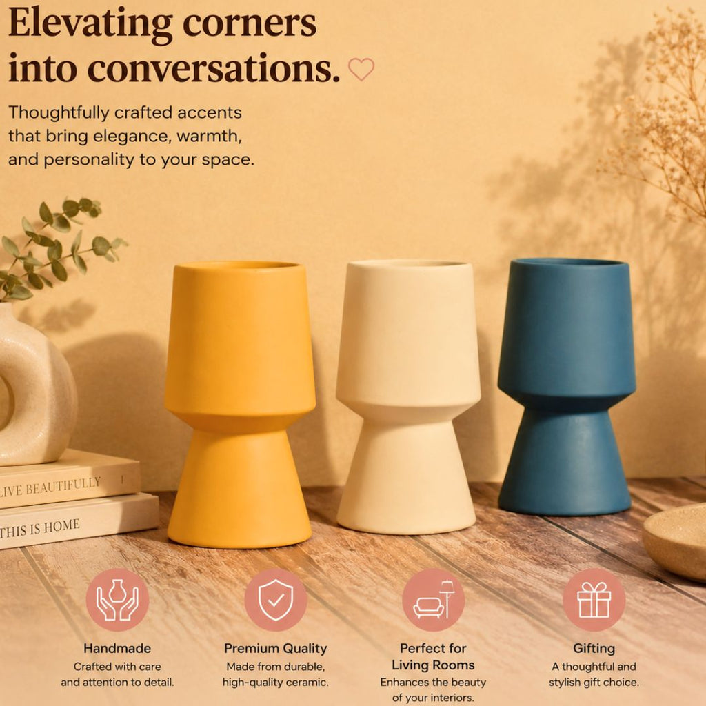 Three ceramic vases in yellow, beige, and blue on a wooden surface with promotional text and icons.