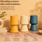 Three ceramic vases in yellow, beige, and blue on a wooden surface with promotional text and icons.
