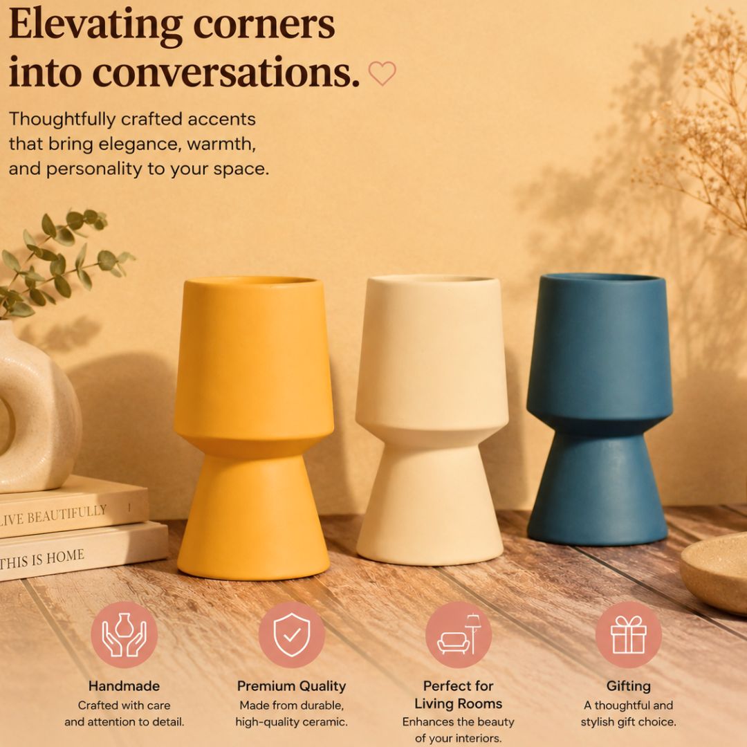 Three ceramic vases in yellow, beige, and blue on a wooden surface with promotional text and icons.