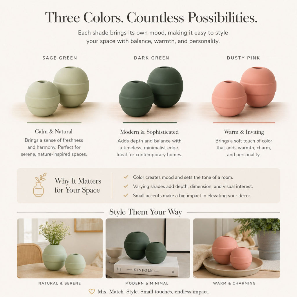 Three vases in sage green, dark green, and dusty pink with color description and usage tips.