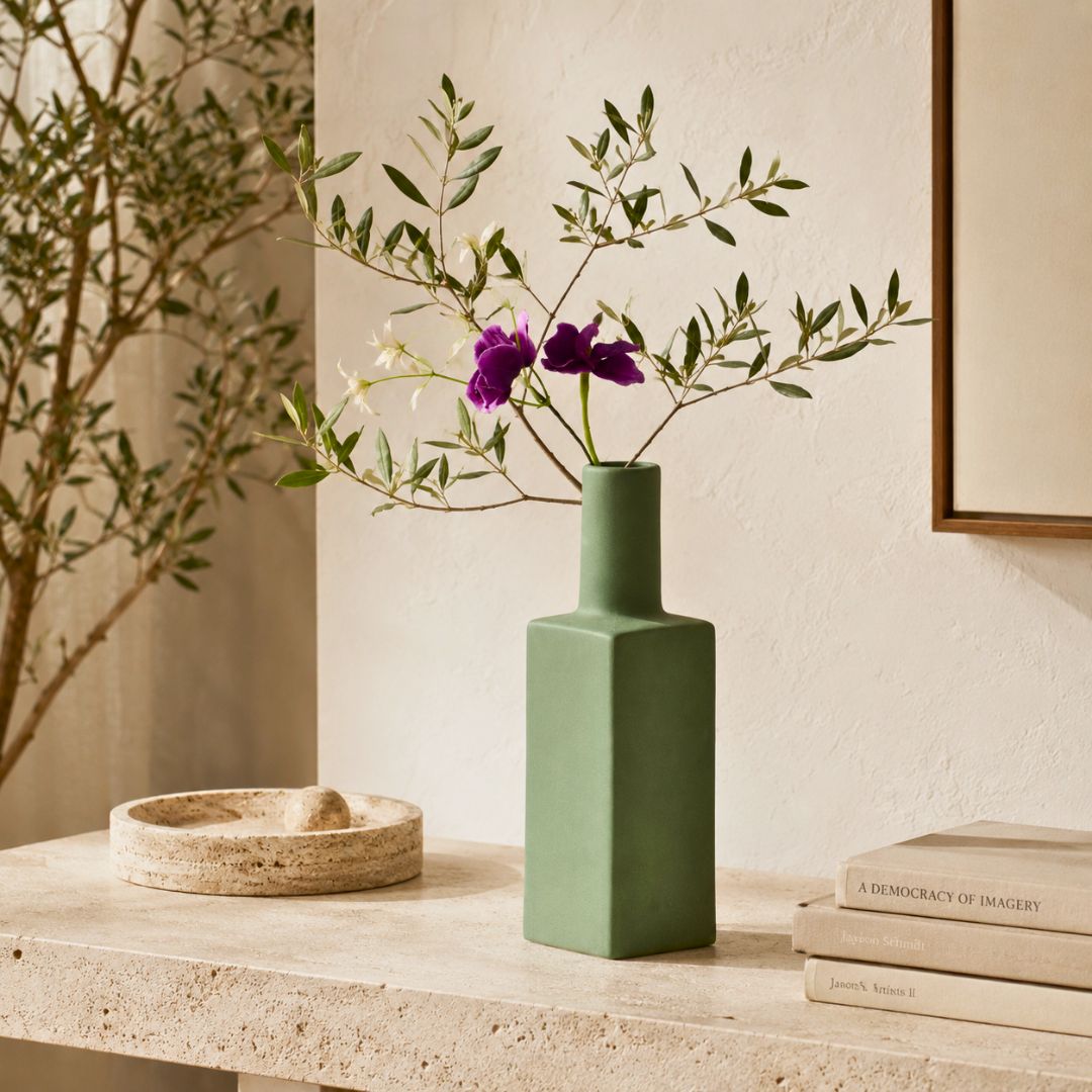 Luxury ceramic bottle-shaped vase with matte finish styled on a beige travertine console table in a modern Scandinavian-inspired interior with olive branches and minimalist décor.