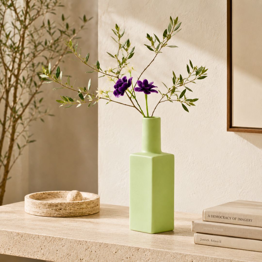 Luxury ceramic bottle-shaped vase with matte finish styled on a beige travertine console table in a modern Scandinavian-inspired interior with olive branches and minimalist décor.