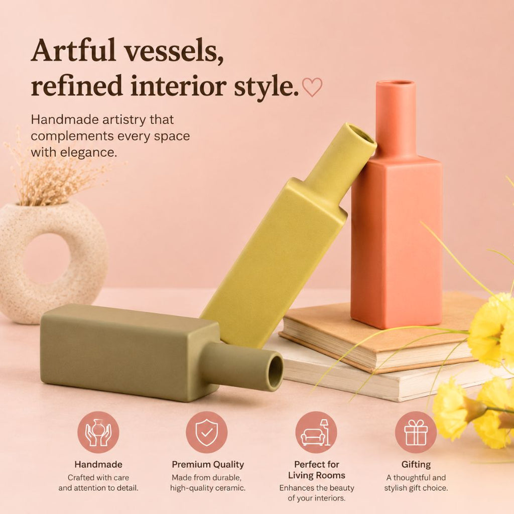 Luxury ceramic bottle-shaped vase with matte finish styled on a beige travertine console table in a modern Scandinavian-inspired interior with olive branches and minimalist décor.