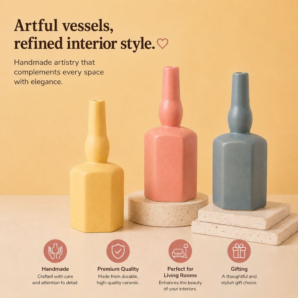 Luxury ceramic bottle-shaped vase with matte finish styled on a beige travertine console table in a modern Scandinavian-inspired interior with olive branches and minimalist décor.