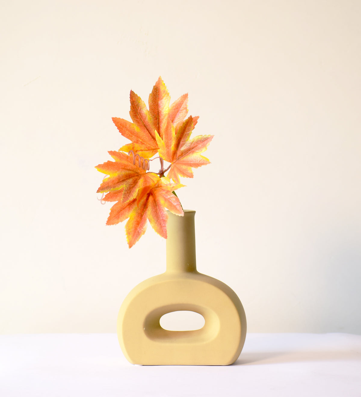 Modern hollow flat ceramic vase with sculptural circular design styled on a console table in a contemporary luxury living room interior.