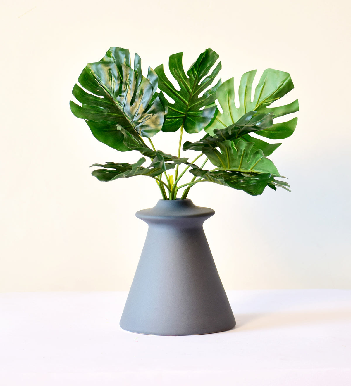 Modern white ceramic flower vase with tropical green monstera leaves on minimal background