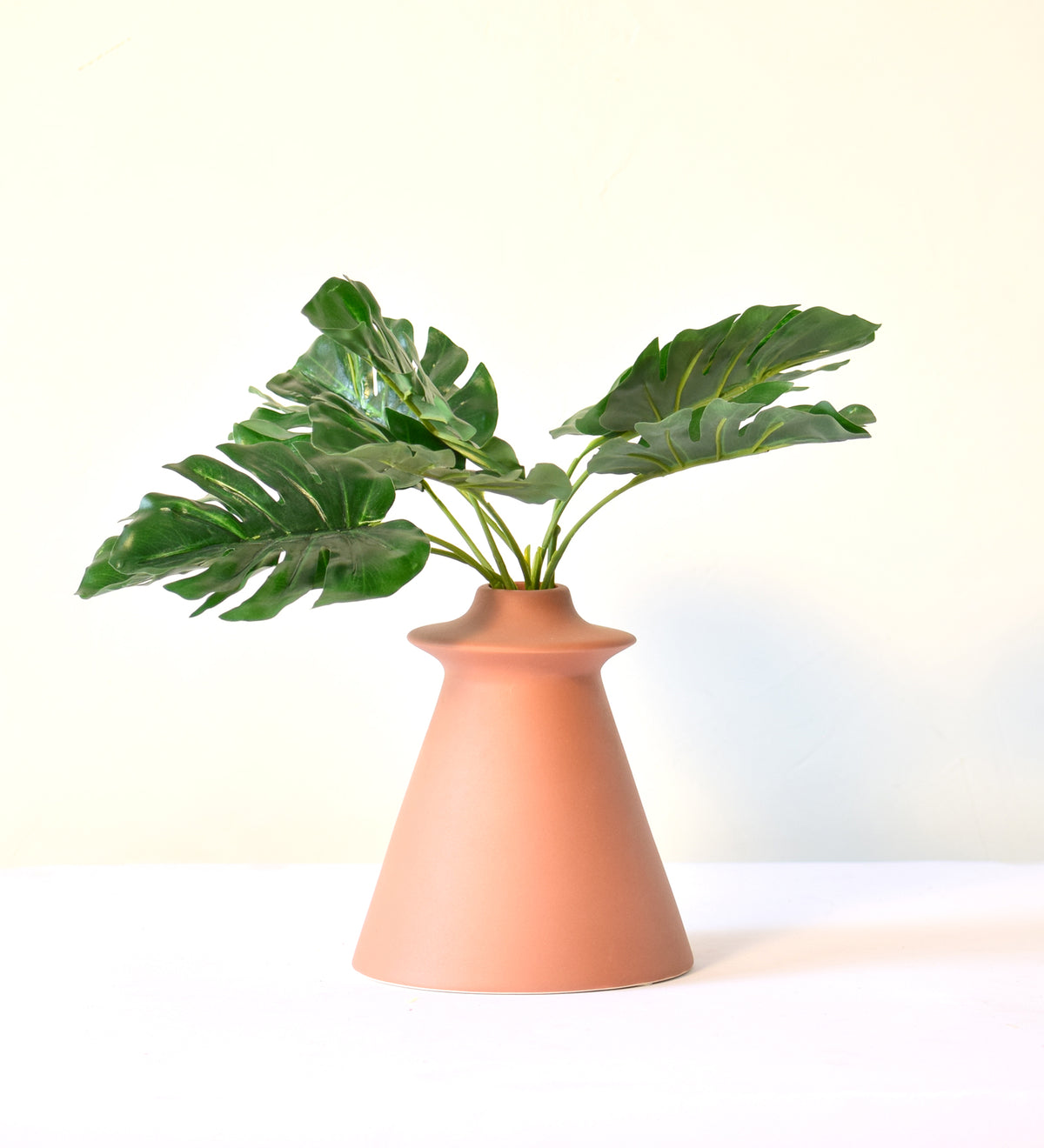 Modern white ceramic flower vase with tropical green monstera leaves on minimal background