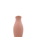 Luxury slim Nordic ceramic flower vase with matte grey finish and orange artificial maple leaves on white table for modern home décor interiors.