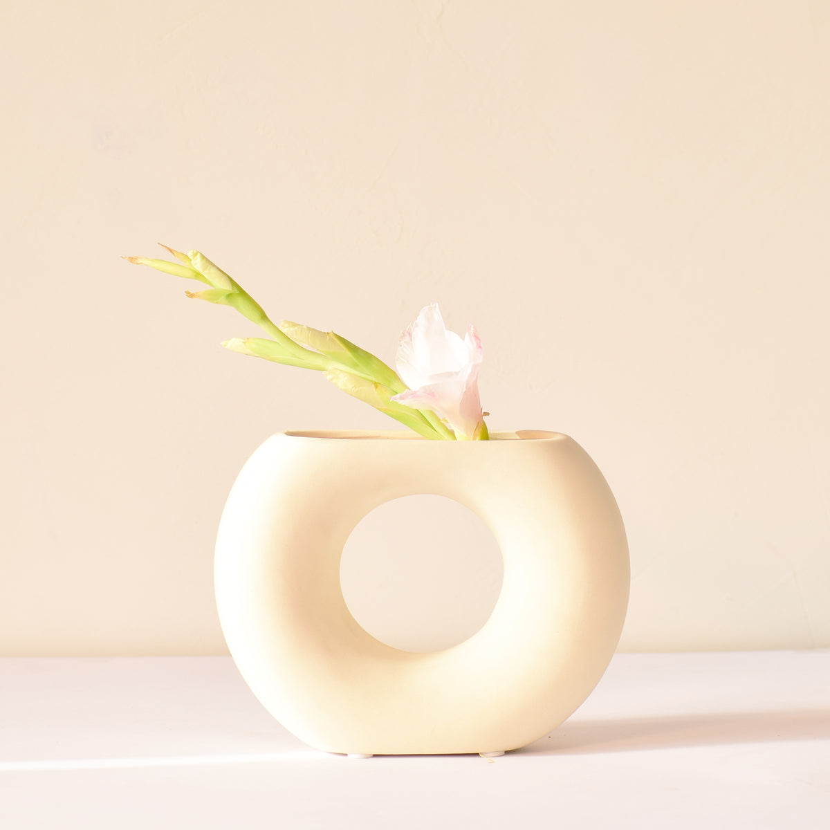 Morcee Half Donut Decorative Vase crafted from premium ceramic, styled in a modern luxury living room interior with contemporary home décor.