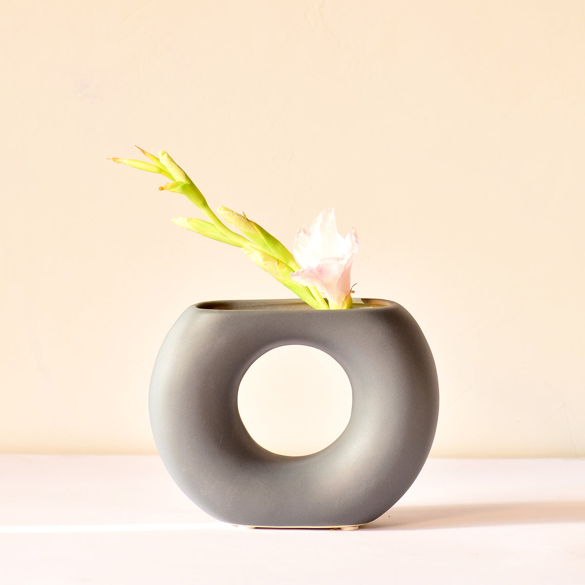 Morcee Half Donut Decorative Vase crafted from premium ceramic, styled in a modern luxury living room interior with contemporary home décor.