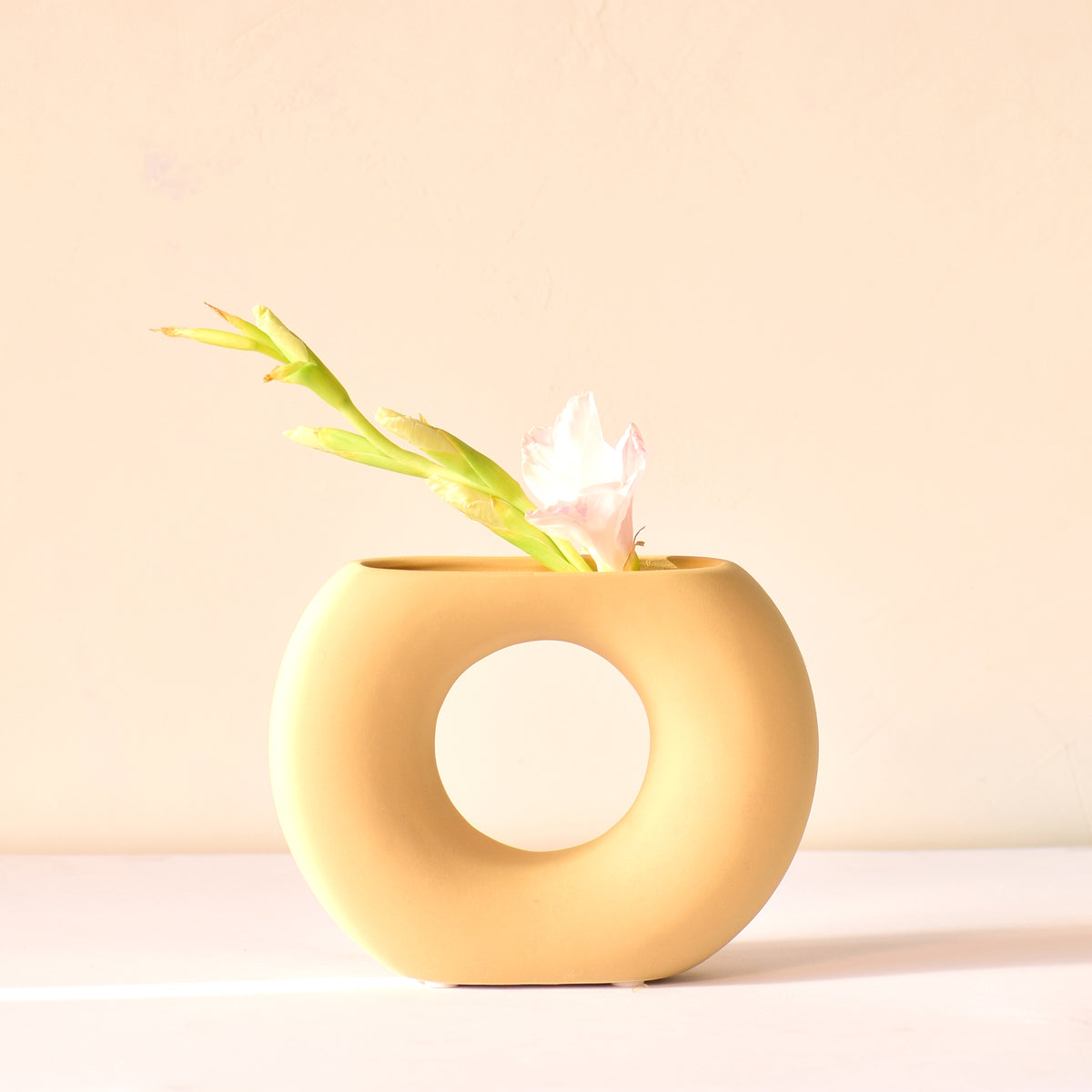 Morcee Half Donut Decorative Vase crafted from premium ceramic, styled in a modern luxury living room interior with contemporary home décor.