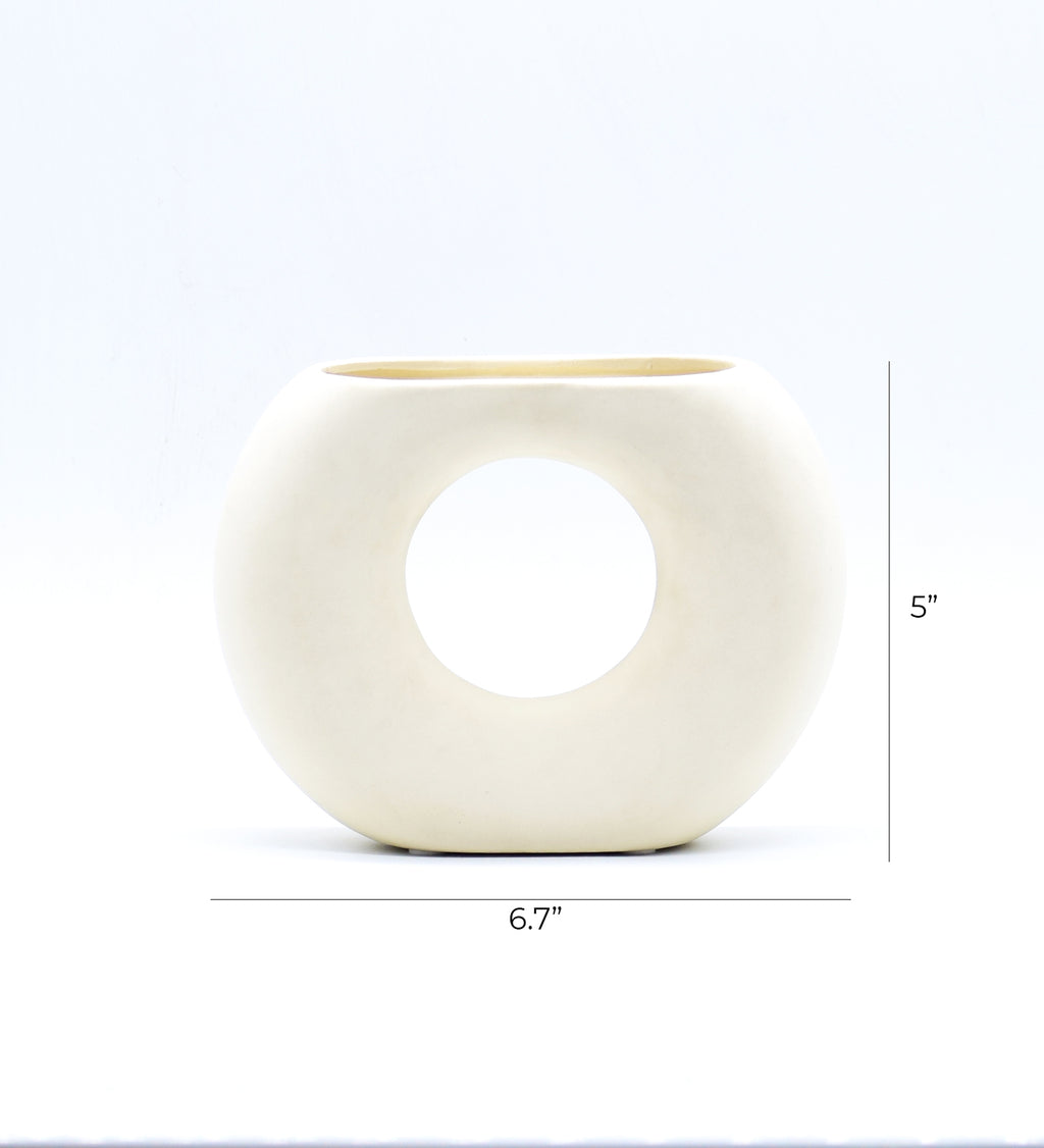 Morcee Half Donut Decorative Vase crafted from premium ceramic, styled in a modern luxury living room interior with contemporary home décor.