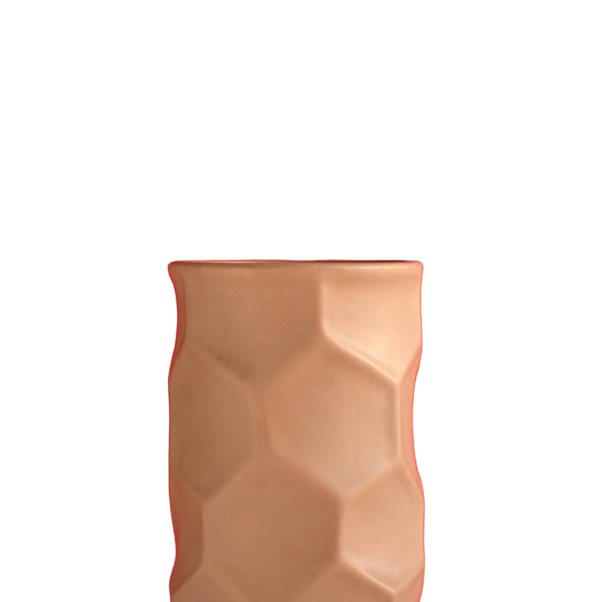 Luxury beige honeycomb ceramic flower vase with white flowers styled on a wooden console table in a modern minimalist living room interior.