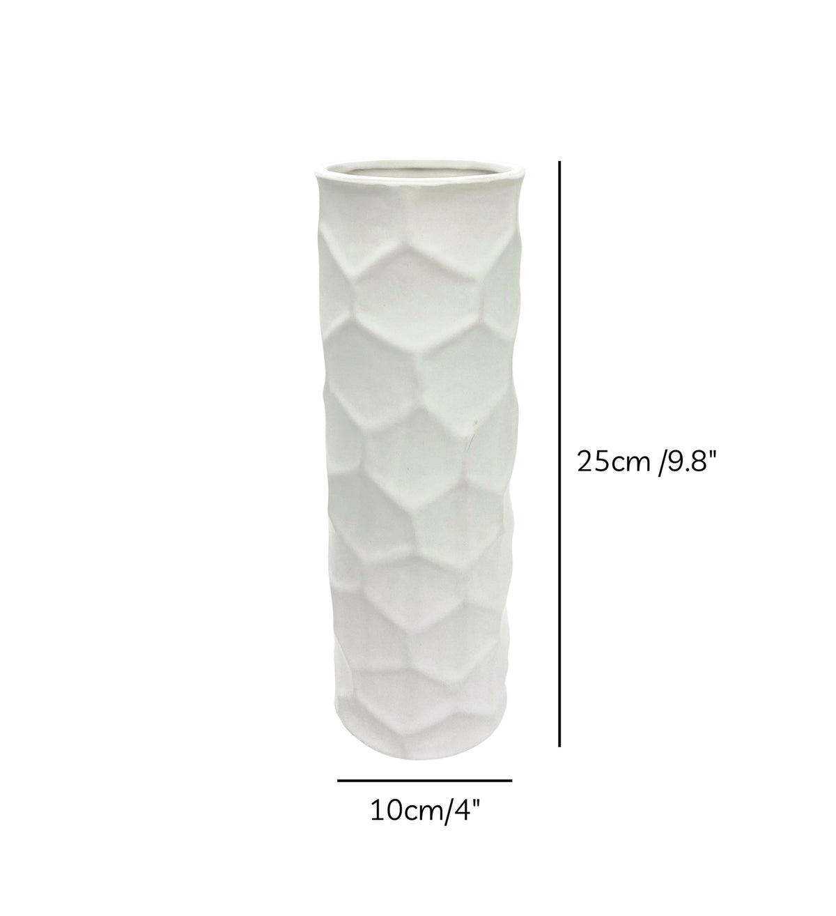 Luxury beige honeycomb ceramic flower vase with white flowers styled on a wooden console table in a modern minimalist living room interior.