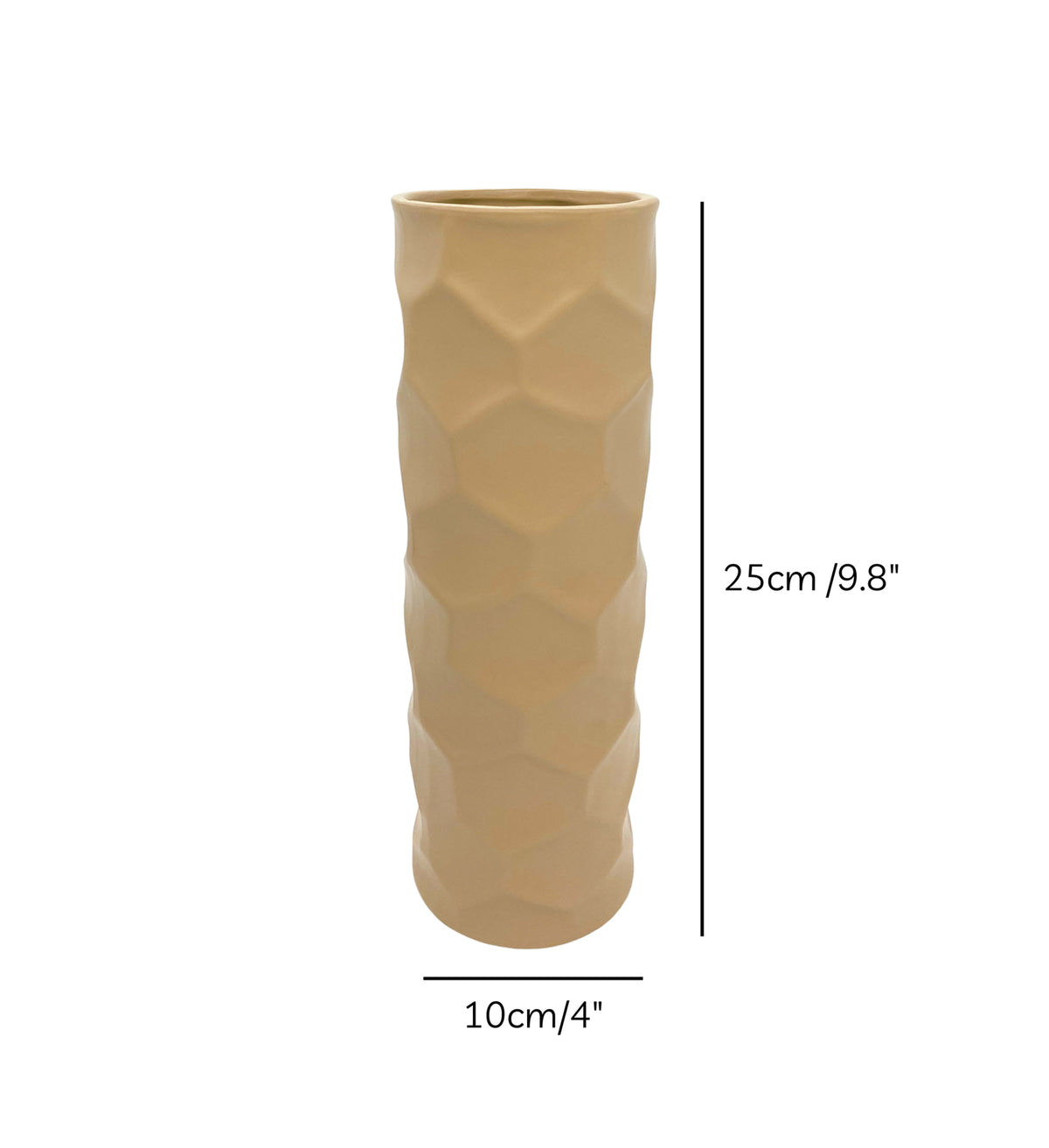 Luxury beige honeycomb ceramic flower vase with white flowers styled on a wooden console table in a modern minimalist living room interior.
