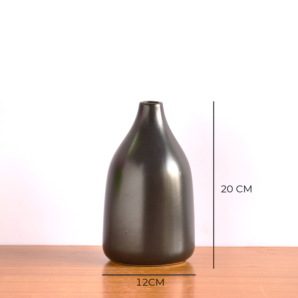 Nordic Linear VaseMinimal black ceramic flower vase with red floral arrangement on boho minimalistic background 