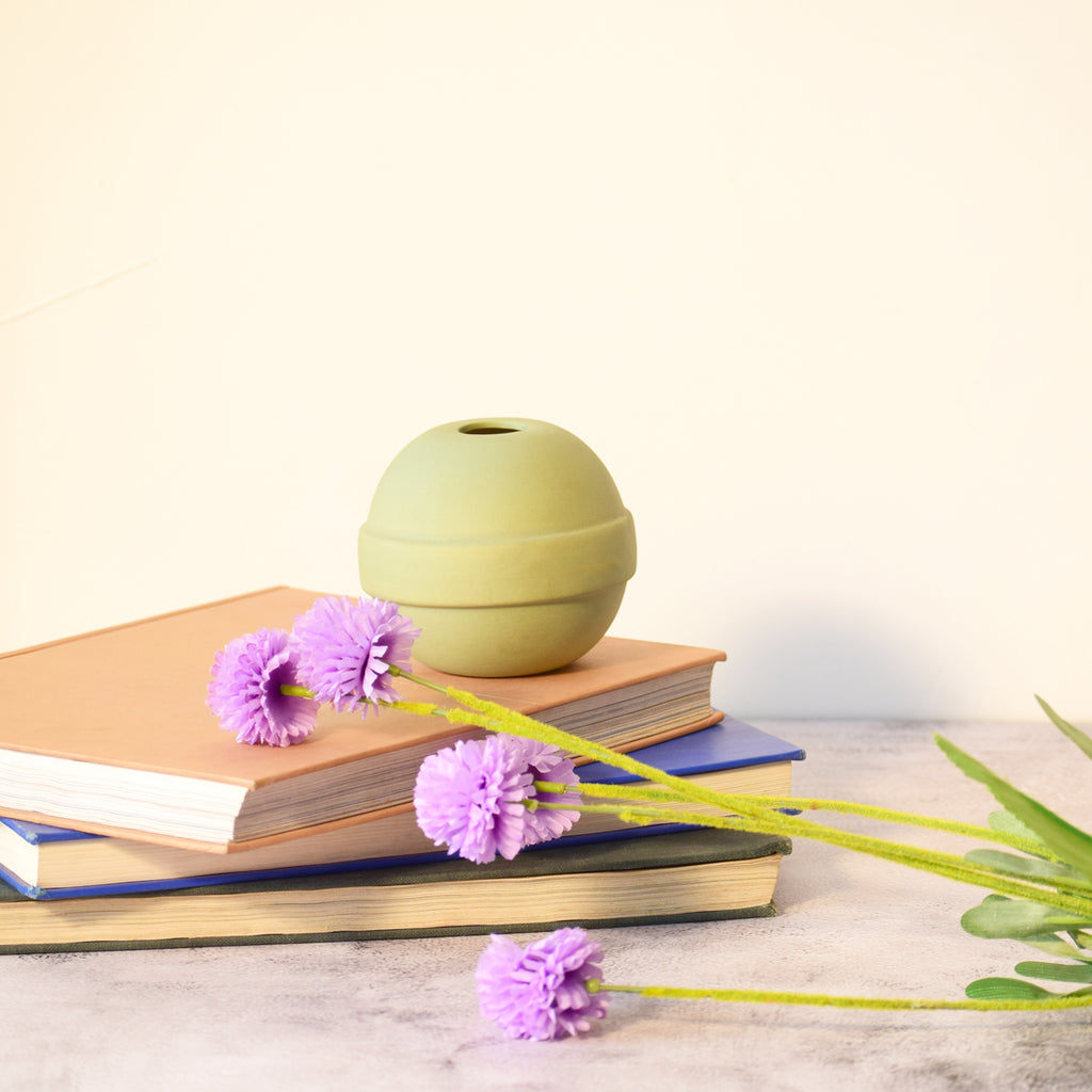 Modern ceramic Pokémon ball vase with baby breath flowers on wooden desk in aesthetic home interior