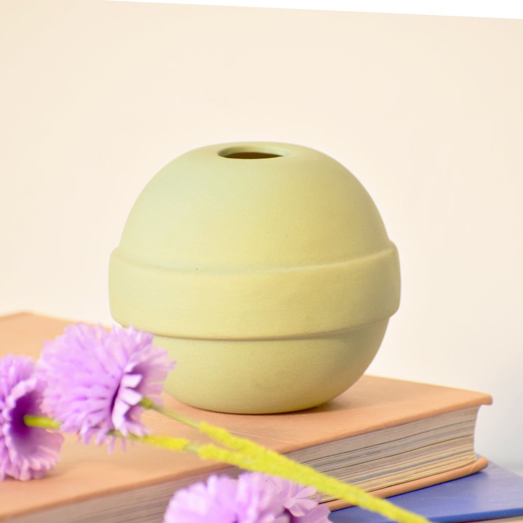 Modern ceramic Pokémon ball vase with baby breath flowers on wooden desk in aesthetic home interior
