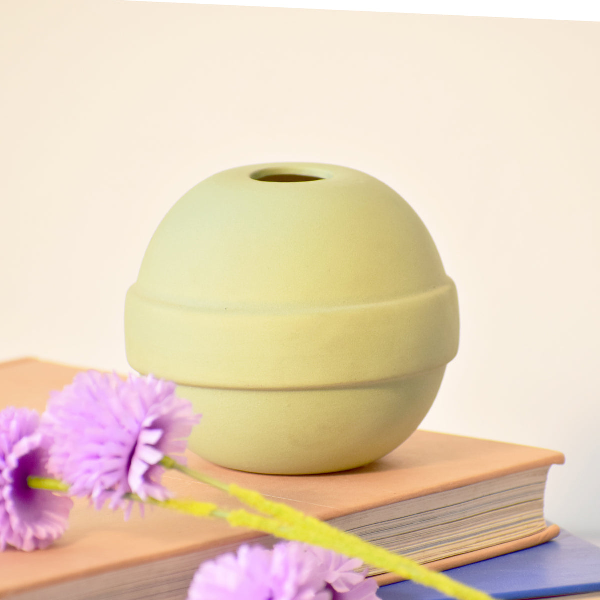 Modern ceramic Pokémon ball vase with baby breath flowers on wooden desk in aesthetic home interior
