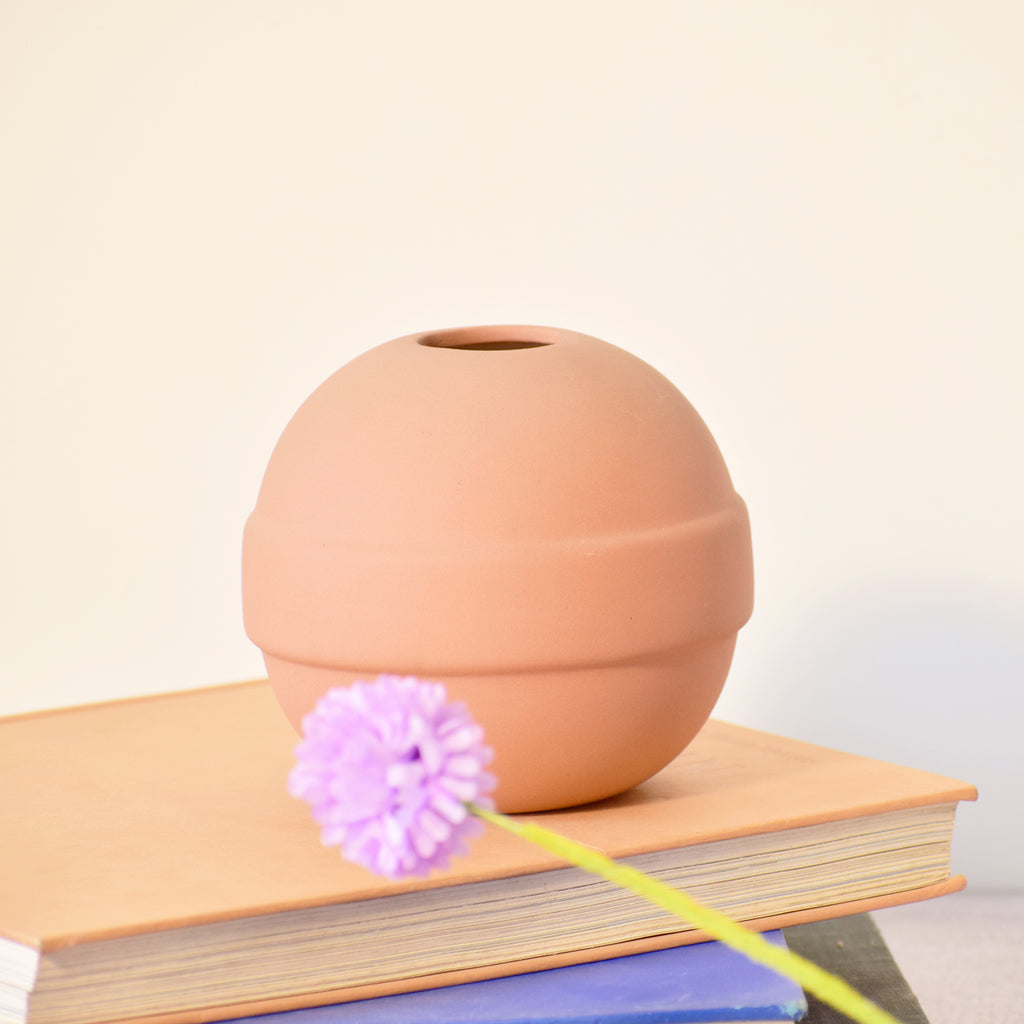 Modern ceramic Pokémon ball vase with baby breath flowers on wooden desk in aesthetic home interior