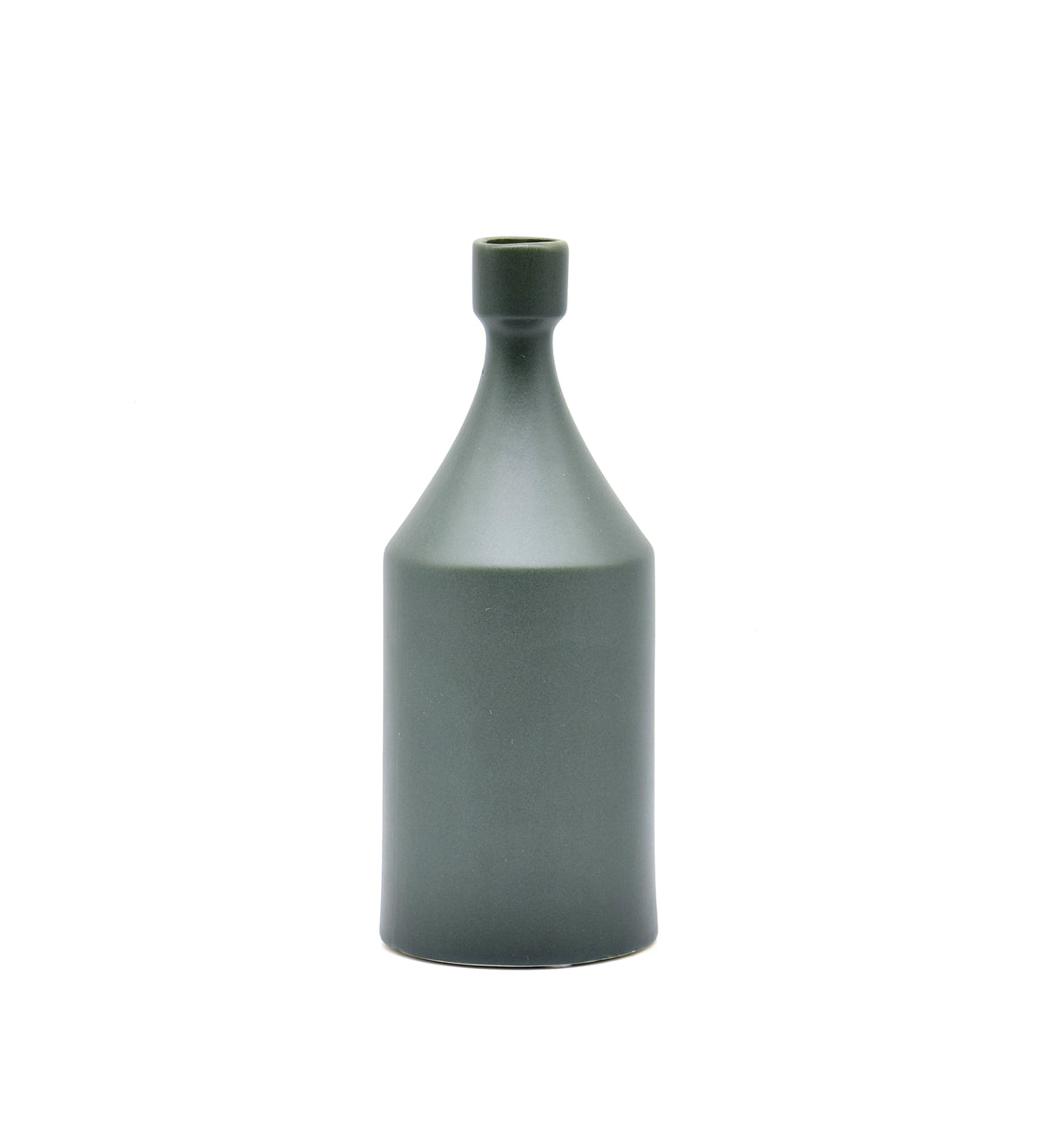 Luxury ceramic bottle-shaped vase with matte finish styled on a beige travertine console table in a modern Scandinavian-inspired interior with olive branches and minimalist décor.